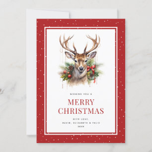 Red Watercolor Deer Snow Merry Christmas Holiday Card