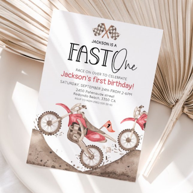 Red watercolor Dirt Bike 1st birthday - Fast one Invitation (Red dirt bike first birthday invitation, fast one birthday, watercolor dirt bike)
