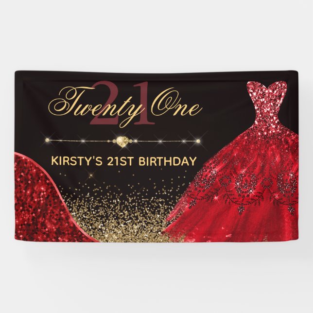 Red Watercolor Dress & red wave Edge 21st Birthday Banner (Horizontal)