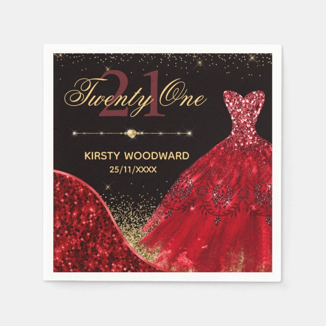 Red Watercolor Dress & red wave Edge 21st Birthday Napkin (Front)