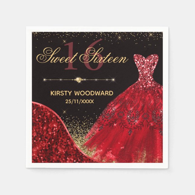 Red Watercolor Dress & red wave Edge Sweet 16 Napkin (Front)