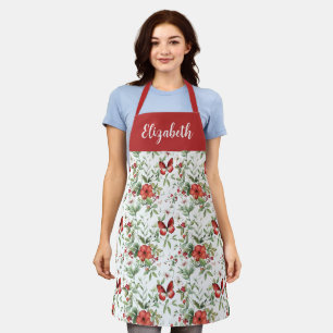 Red Watercolor Floral Custom Name Apron