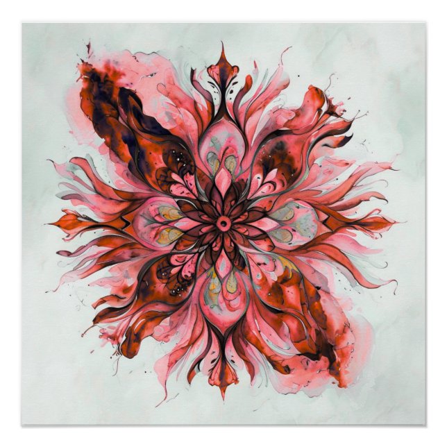 Red Watercolor Floral Mandala Poster (Front)