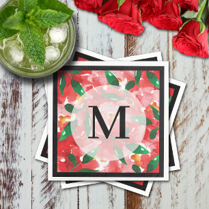 Red Watercolor Floral Monogram Napkin