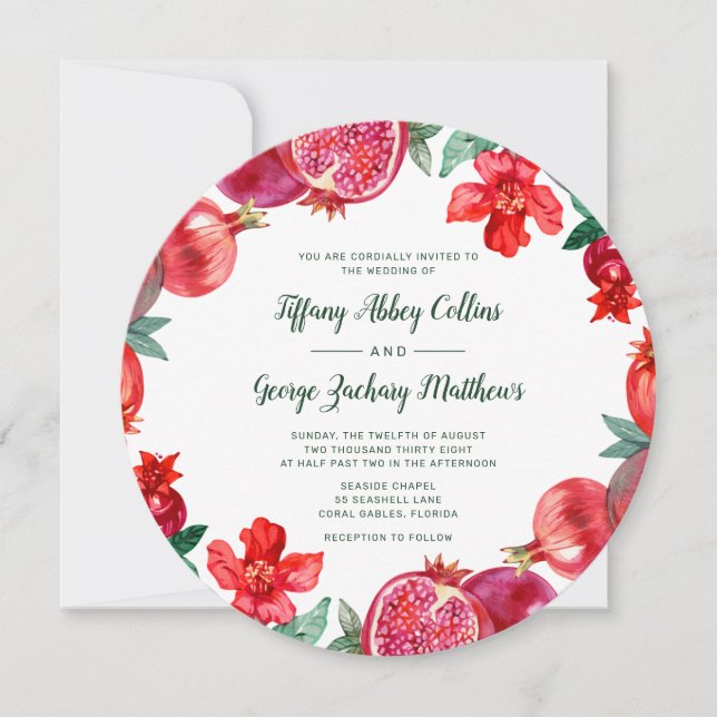 Red Watercolor Floral Pomegranate Wedding Invitation (Front)