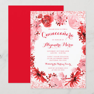 Red Watercolor Floral Quinceanera Invitation