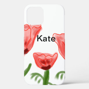Red watercolor floral watercolor add name text thr iPhone 12 case