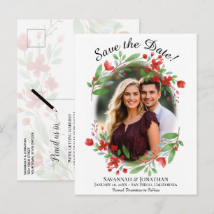 Red Watercolor Floral Wedding Save the Date Photo Invitation Postcard