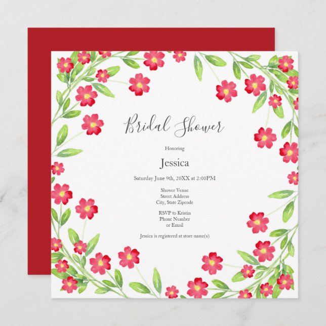 Red Watercolor Floral Wreath Invitation (Front/Back)