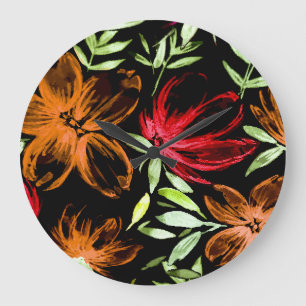 Red Watercolor Flowers 6 Large Clock