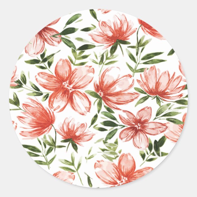 Red Watercolor Flowers Classic Round Sticker (Front)