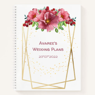 Red Watercolor Flowers Gold Geometric Frame Notebook