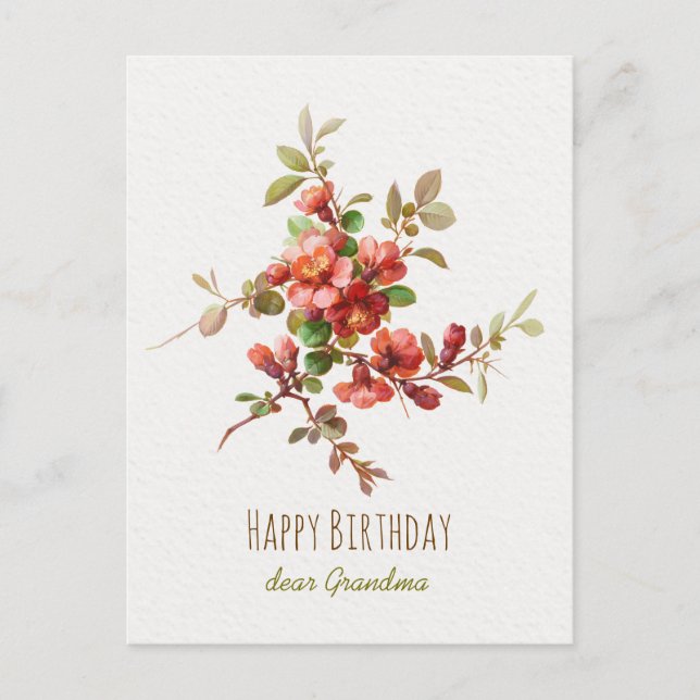 Red watercolor flowers Happy Birthday dear Grandma Postcard (Front)