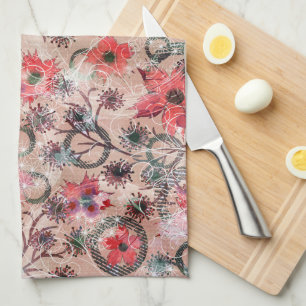Red watercolor flowers on beige. tea towel