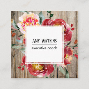 Red Watercolor Flowers Rustic Wood Social Icons Square Business Card