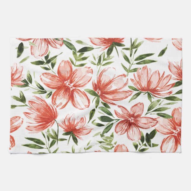 Red Watercolor Flowers Tea Towel (Horizontal)
