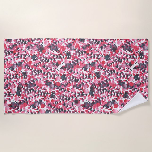 Red watercolor foliage beach towel (Front)