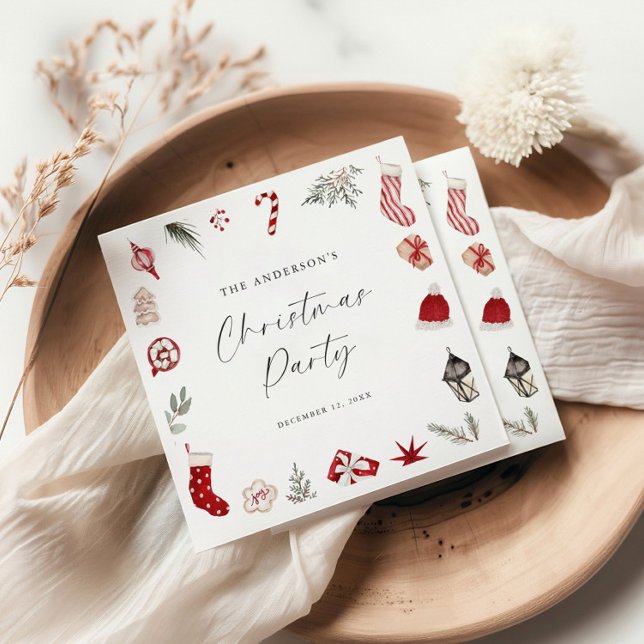 Red Watercolor Frame Christmas Party Napkin (Creator Uploaded)