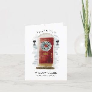 Red Watercolor Front Door & Wreath Thank You Card