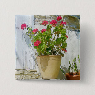Red watercolor geranium 15 cm square badge
