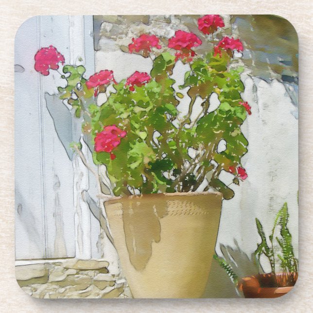 Red watercolor geranium coaster (Front)