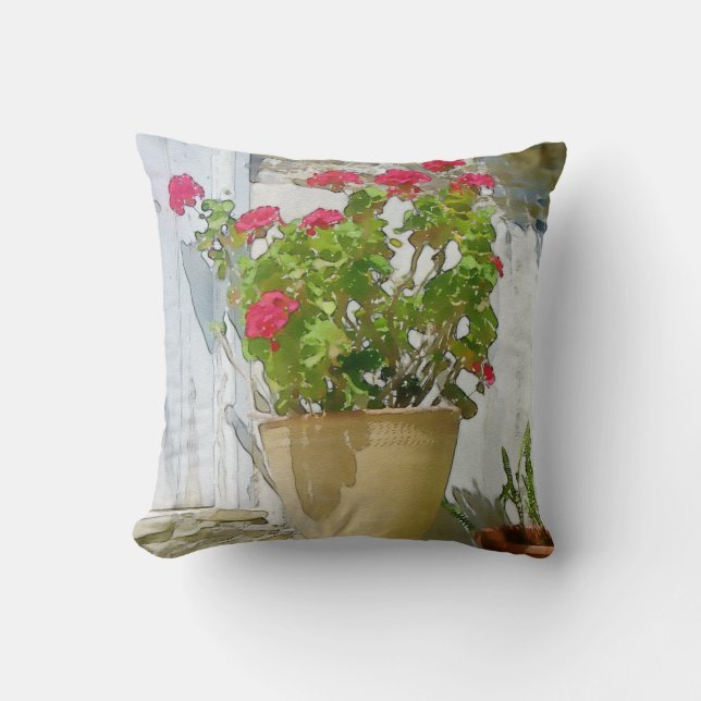 Red watercolor geranium cushion (Front)