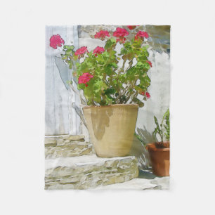 Red watercolor geranium fleece blanket