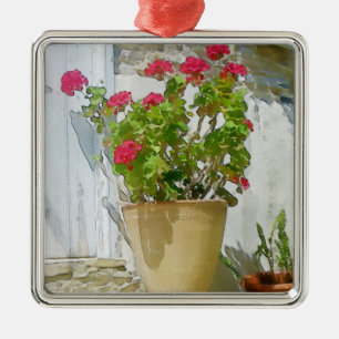 Red watercolor geranium metal tree decoration