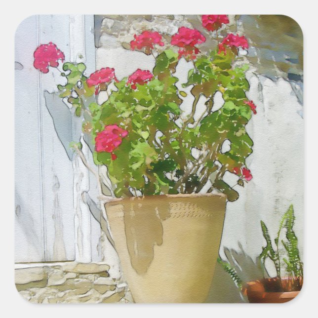 Red watercolor geranium square sticker (Front)