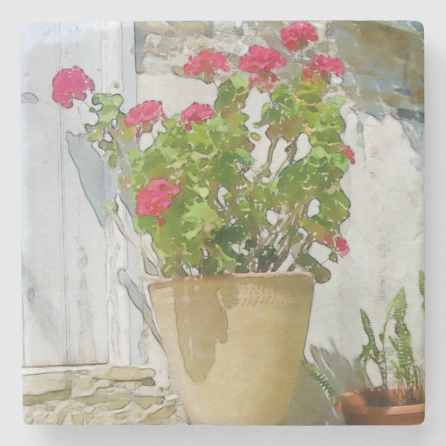 Red watercolor geranium stone coaster (Front)