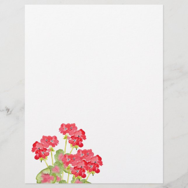 Red Watercolor Geraniums 2 Custom Letterhead (Front)