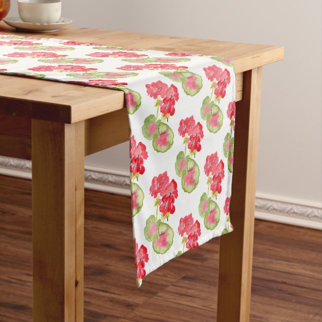 Red Watercolor Geraniums Pattern Short Table Runner (In Situ)