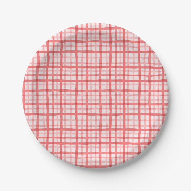 Red Watercolor Gingham Pattern Birthday Paper Plate (Front)