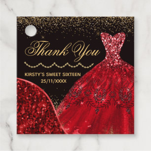 Red Watercolor Glitter Dress Sweet 16 Favour Tags