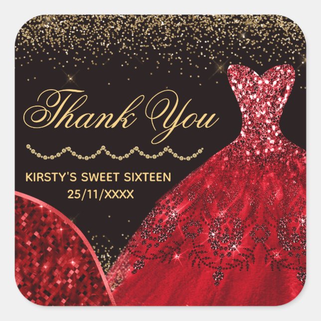 Red Watercolor Glitter Dress Sweet 16 Square Sticker (Front)