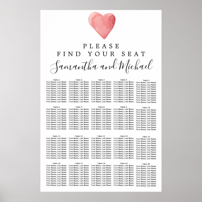 Red Watercolor Heart 20-Table Seating Chart (Front)