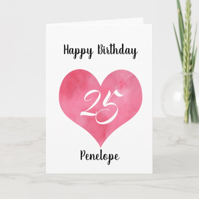 Red Watercolor Heart 25th Birthday  Card (Front)