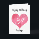 Red Watercolor Heart 34th Birthday Card<br><div class="desc">A personalised watercolor red heart 34th birthday card for her. You will be able to easily personalise the front with her name. The inside card message and back of the card can also be personalise. This personalised 34th birthday card would make a great card keepsake for her.</div>