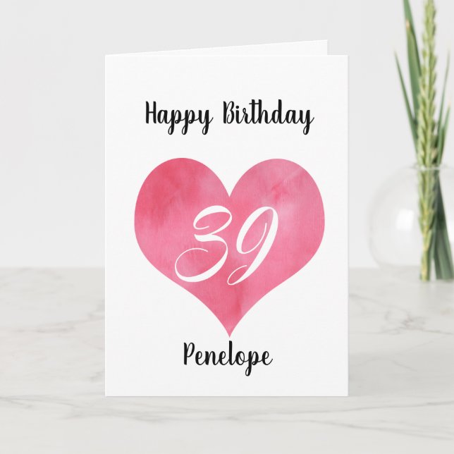 Red Watercolor Heart 39th Birthday Card (Front)