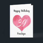 Red Watercolor Heart 39th Birthday Card<br><div class="desc">A personalised watercolor red heart 39th birthday card for her. You will be able to easily personalise the front with her name. The inside card message and back of the card can also be personalise. This personalised 39th birthday card would make a great card keepsake for her.</div>