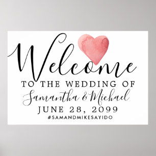 Red Watercolor Heart Modern Wedding Welcome Sign