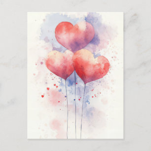 Red Watercolor Heartballoons Valentine's Greeting Postcard