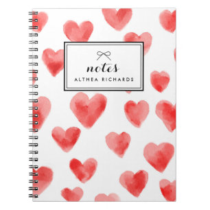 Red Watercolor Hearts Pattern Personalised Notebook