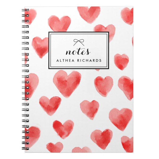 Red Watercolor Hearts Pattern Personalised Notebook (Front)