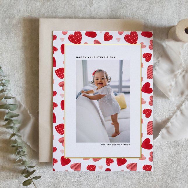 Red Watercolor Hearts Photo Happy Valentine's Day (Personalized gold foil Happy Valentine's Day card with cute watercolor hearts pattern. )