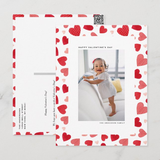 Red Watercolor Hearts Photo Happy Valentine's Day Holiday Postcard (Front/Back)