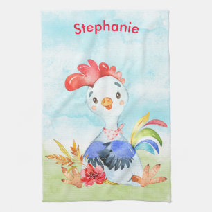 Red Watercolor Little Rooster Tea Towel
