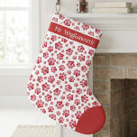 Red Watercolor Paw Print Pattern Large Christmas Stocking<br><div class="desc">Brighten your holiday mantel with this cheerful repeat pattern of red watercolor paw prints against a clean white background. This playful and festive design celebrates the joy that a shelter pet brings to a furever home during the winter season. A delightful Christmas or holiday gift for the dog mum, cat...</div>