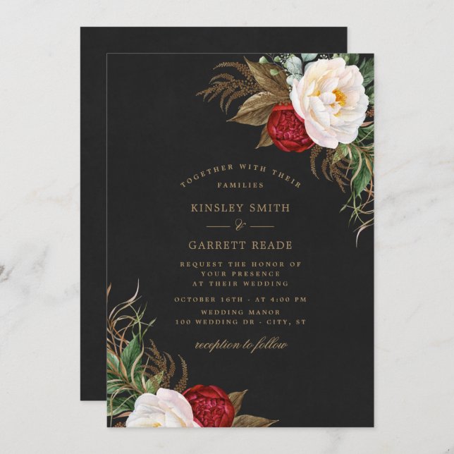 Red Watercolor Peonies Floral Black Gold Wedding Invitation (Front/Back)