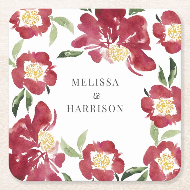 Red Watercolor Peony Wedding  Square Paper Coaster (Front)